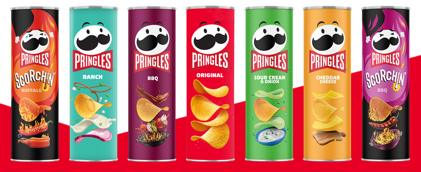 Seven varieties of Pringles cans on red and white geometric background 