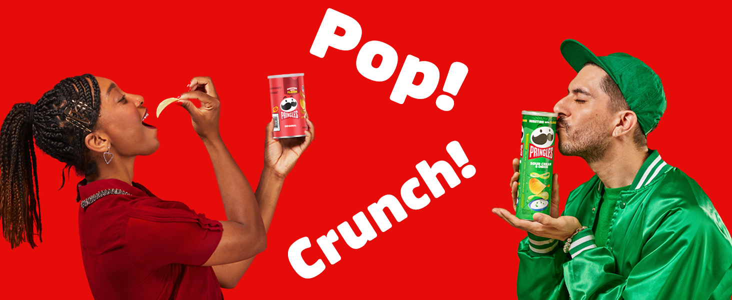 Woman and man posing with Pringles crisps with 'Crunch' 'Pop' text 