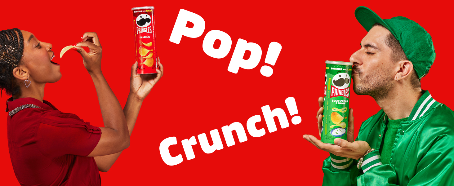 Woman and man posing with Pringles crisps with 'Crunch' 'Pop' text 